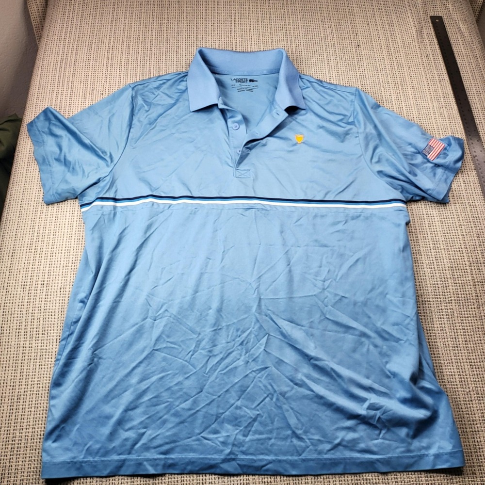 Lacoste Polo Shirt Mens 3XL Blue Stripe Trophy Logo USA Flag Golf Short‎ Sleeve